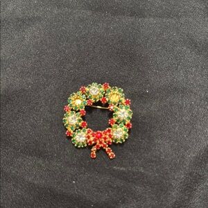 Festive Wreath Brooch with Multicolor Crystals